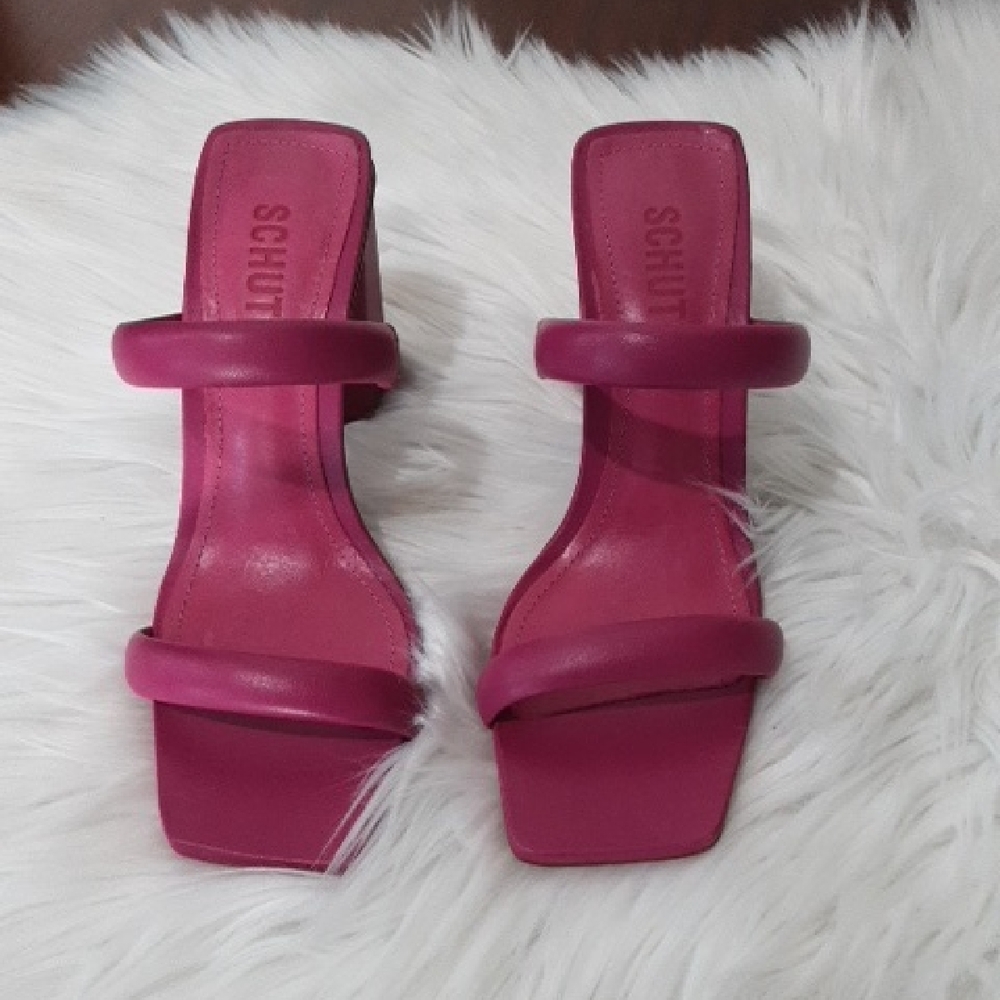 SCHUTZ Ully Fuschia Double-Strap Square-Toe Slide Sandals